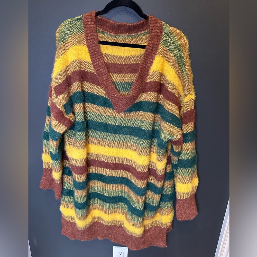 Retro Striped Oversized Sweater | Boho | Yellow, Green,‎ Brown | V Neck | XL